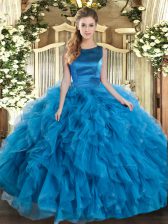 Customized Teal Sleeveless Ruffles Floor Length Quinceanera Gowns