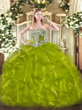  Olive Green Lace Up Quince Ball Gowns Beading and Ruffles Sleeveless Floor Length