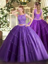 Inexpensive Purple Two Pieces Beading and Appliques 15 Quinceanera Dress Lace Up Tulle Sleeveless Floor Length