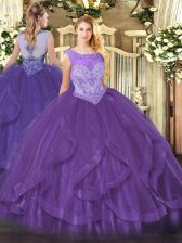 Pretty Eggplant Purple Lace Up Scoop Beading and Ruffles Quinceanera Dresses Tulle Sleeveless