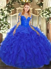 Beautiful Tulle Scoop Long Sleeves Lace Up Lace and Ruffles Ball Gown Prom Dress in Royal Blue