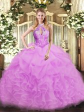  Sleeveless Floor Length Beading Lace Up Ball Gown Prom Dress with Lilac