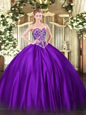 Captivating Purple Lace Up Sweetheart Beading Quinceanera Dress Satin Sleeveless