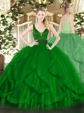  Beading and Ruffles Ball Gown Prom Dress Dark Green Zipper Sleeveless Floor Length