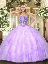 Romantic Floor Length Lace Up Sweet 16 Dresses Lavender for Military Ball and Sweet 16 and Quinceanera with Beading and Ruffles
