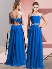 Graceful Scoop Sleeveless Prom Gown Floor Length Beading Blue Chiffon