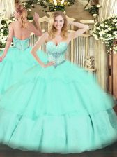 Glamorous Sweetheart Sleeveless Quinceanera Gowns Floor Length Beading and Ruffled Layers Apple Green Tulle