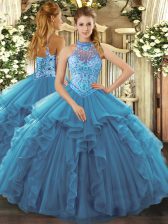 Suitable Halter Top Sleeveless Lace Up Ball Gown Prom Dress Teal Organza