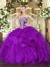 Cute Purple Ball Gowns Beading and Ruffles Vestidos de Quinceanera Lace Up Organza Sleeveless Floor Length