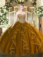Dramatic Brown Sweet 16 Dress Military Ball and Sweet 16 and Quinceanera with Beading and Ruffles Sweetheart Sleeveless Lace Up