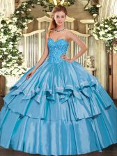 On Sale Sleeveless Floor Length Beading and Ruffled Layers Lace Up Vestidos de Quinceanera with Baby Blue