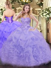 Nice Lavender Sweetheart Neckline Appliques and Ruffles Quinceanera Gowns Sleeveless Lace Up