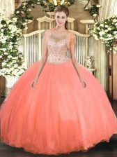  Watermelon Red Sleeveless Floor Length Beading Clasp Handle Sweet 16 Dresses