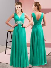 Fancy Turquoise Chiffon Side Zipper Dress for Prom Sleeveless Floor Length Beading and Ruching