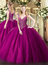 Best Selling Fuchsia Ball Gowns Tulle V-neck Sleeveless Beading Floor Length Lace Up Sweet 16 Dress