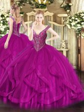 Edgy Floor Length Lace Up Quinceanera Dress Fuchsia for Military Ball and Sweet 16 and Quinceanera with Beading and Ruffles