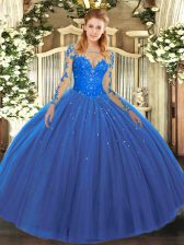 Adorable Tulle Scoop Long Sleeves Lace Up Lace Quinceanera Gowns in Blue