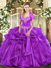  Purple Ball Gowns Sweetheart Sleeveless Organza Floor Length Lace Up Beading and Ruffles Sweet 16 Dresses