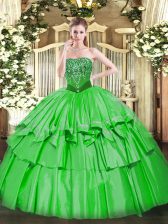  Strapless Sleeveless 15 Quinceanera Dress Floor Length Beading and Ruffled Layers Green Organza and Taffeta