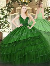 Flirting Dark Green Ball Gowns Organza and Taffeta Straps Sleeveless Beading and Embroidery and Ruffled Layers Floor Length Zipper Quince Ball Gowns