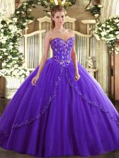  Purple Ball Gowns Sweetheart Sleeveless Tulle Brush Train Lace Up Appliques and Embroidery Vestidos de Quinceanera