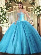  Floor Length Aqua Blue Ball Gown Prom Dress Tulle Sleeveless Beading
