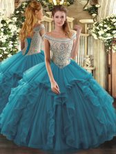  Off The Shoulder Sleeveless Lace Up Ball Gown Prom Dress Teal Tulle
