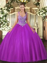  Fuchsia Ball Gowns Beading 15th Birthday Dress Lace Up Tulle Sleeveless Floor Length