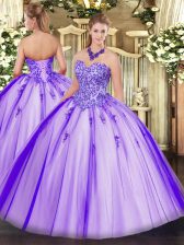 Lavender Ball Gowns Sweetheart Sleeveless Tulle Floor Length Lace Up Appliques Ball Gown Prom Dress