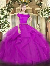 Sweet Short Sleeves Floor Length Appliques and Ruffles Zipper Quince Ball Gowns with Fuchsia
