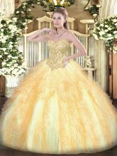  Sleeveless Organza Floor Length Lace Up Quinceanera Dresses in Champagne with Appliques and Ruffles