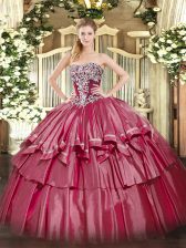  Floor Length Lace Up Sweet 16 Dresses Hot Pink for Military Ball and Sweet 16 and Quinceanera with Beading and Ruffled Layers