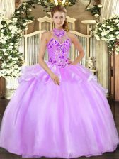 Sleeveless Organza Floor Length Lace Up Quinceanera Gown in Lilac with Embroidery