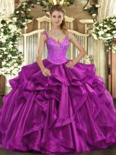 Latest Straps Sleeveless Quinceanera Gowns Floor Length Beading and Ruffles Fuchsia Organza