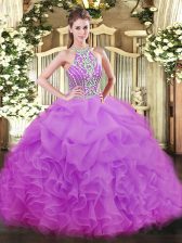 Best Lilac Ball Gowns Halter Top Sleeveless Tulle Floor Length Lace Up Beading and Ruffles Quinceanera Gowns
