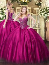 Customized Satin V-neck Sleeveless Lace Up Beading Quinceanera Dresses in Fuchsia