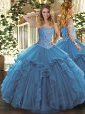 High End Sleeveless Floor Length Beading and Ruffles Lace Up Quinceanera Gown with Teal 