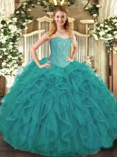  Turquoise Ball Gowns Beading and Ruffles Vestidos de Quinceanera Lace Up Tulle Sleeveless Floor Length