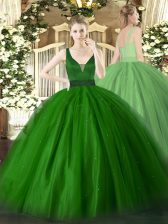 Glittering Green Ball Gowns Beading Sweet 16 Dresses Zipper Tulle Sleeveless Floor Length