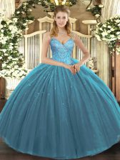  Sleeveless Tulle Floor Length Lace Up 15 Quinceanera Dress in Teal with Beading