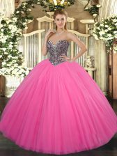 Beauteous Hot Pink Ball Gowns Tulle Sweetheart Sleeveless Beading Floor Length Lace Up Sweet 16 Dresses