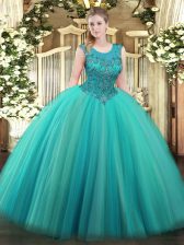 Popular Turquoise Zipper Quinceanera Dress Beading Sleeveless Floor Length