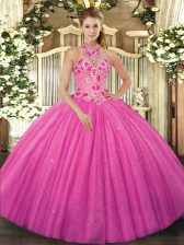 Glorious Hot Pink Tulle Lace Up Quinceanera Gown Sleeveless Floor Length Beading and Embroidery
