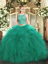 Customized Turquoise Sleeveless Floor Length Beading and Ruffles Lace Up Sweet 16 Dress