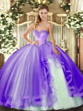  Lavender Sleeveless Floor Length Beading and Ruffles Lace Up 15th Birthday Dress
