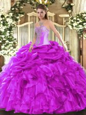  Organza Sweetheart Sleeveless Lace Up Beading and Ruffles and Pick Ups Sweet 16 Quinceanera Dress in Fuchsia