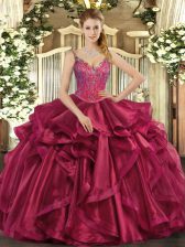  Sleeveless Organza Floor Length Lace Up Quince Ball Gowns in Wine Red with Beading and Ruffles