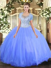 Excellent Floor Length Clasp Handle 15th Birthday Dress Blue for Military Ball and Sweet 16 and Quinceanera with Beading