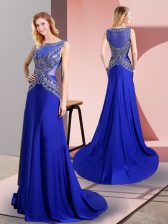  Royal Blue Chiffon Side Zipper Scoop Sleeveless Floor Length Homecoming Dress Sweep Train Beading