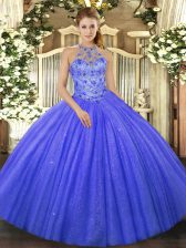 Graceful Floor Length Blue Quinceanera Dresses Halter Top Sleeveless Lace Up